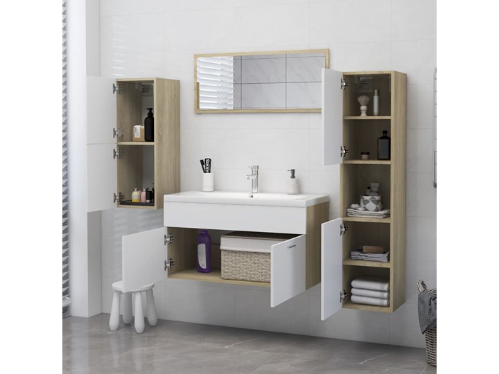 vidaXL Szafka łazienkowa, biel i dąb sonoma, 30x30x130 cm, płyta Pionowe Słupek Płyta stolarska Kolor Beżowy Wiszące Drewno Płyta MDF Kategoria Szafki stojące