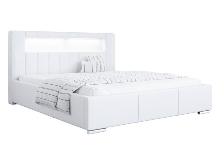 Łóżko tapicerowane 140x200 cm w białej ecoskórze - GOLD 5 z oświetleniem LED / Madryt 920