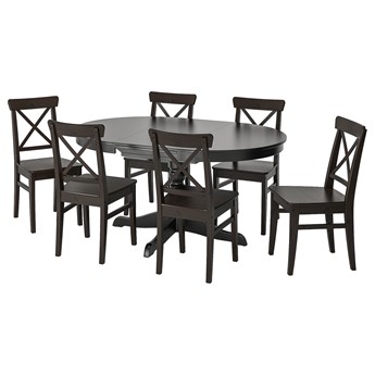 IKEA INGATORP / INGOLF Stół i 6 krzeseł, czarny/brązowoczarny, 110/155 cm
