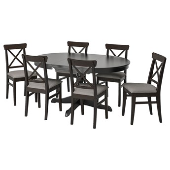 IKEA INGATORP / INGOLF Stół i 6 krzeseł, czarny/Nolhaga szary/beż, 110/155 cm