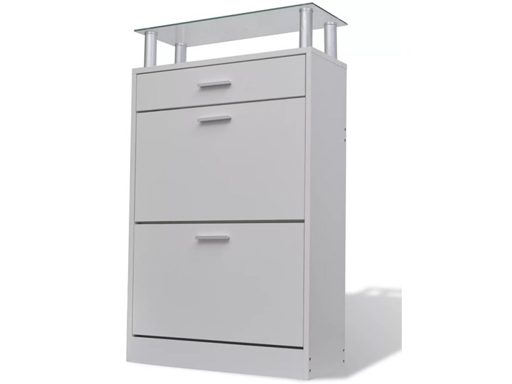 vidaXL Drewniana szafka na buty z szufladą i szklaną półką, biała Płyta meblowa Metal Drewno Płyta MDF Szkło Tworzywo sztuczne Kolor Biały Płyta laminowana Wysokość 104 cm Głębokość 24 cm Szerokość 63 cm Kategoria Szafki i regały