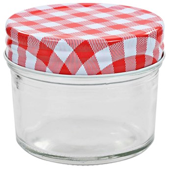 vidaXL Szklane słoiki na dżem, biało-czerwone pokrywki, 24 szt, 110 ml