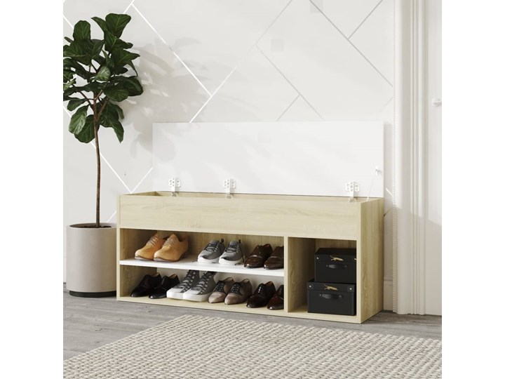 vidaXL Ławka z miejscem na buty, biel i dąb sonoma, 105x30x45 cm Płyta laminowana Szerokość 105 cm Płyta meblowa Drewno Głębokość 30 cm Płyta MDF Kategoria Szafki i regały