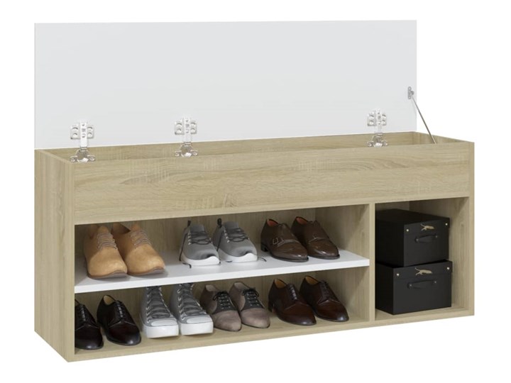 vidaXL Ławka z miejscem na buty, biel i dąb sonoma, 105x30x45 cm Drewno Szerokość 105 cm Płyta laminowana Kategoria Szafki i regały Płyta meblowa Płyta MDF Głębokość 30 cm Kolor Beżowy