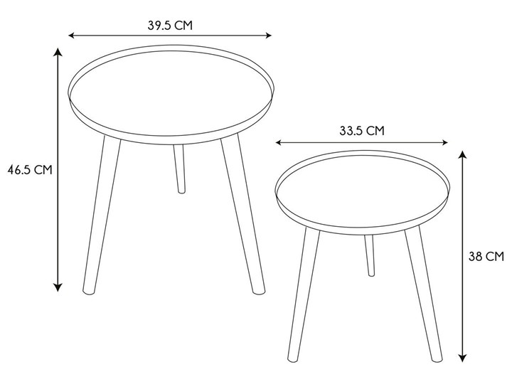 Zestaw 2 okrągłych stolików na trzech nogach Baroc Szkło Zestaw stolików Wysokość 38 cm Długość 34 cm Szerokość 33,5 cm Szerokość 40 cm Długość 40 cm Metal Wysokość 46,5 cm Funkcje Z półkami