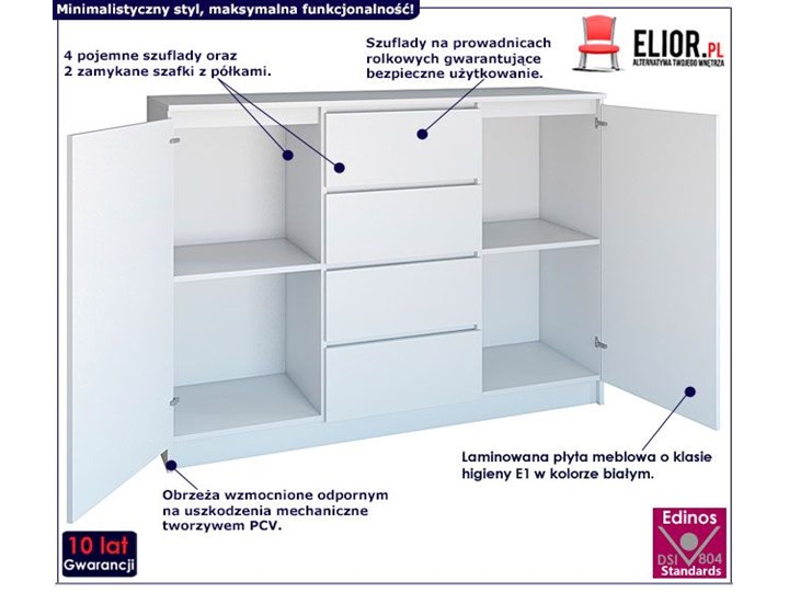 Biała matowa komoda z szufladami 140 cm - Intia 5X Płyta laminowana Wysokość 97 cm Płyta meblowa Z szafkami i szufladami Pomieszczenie Salon