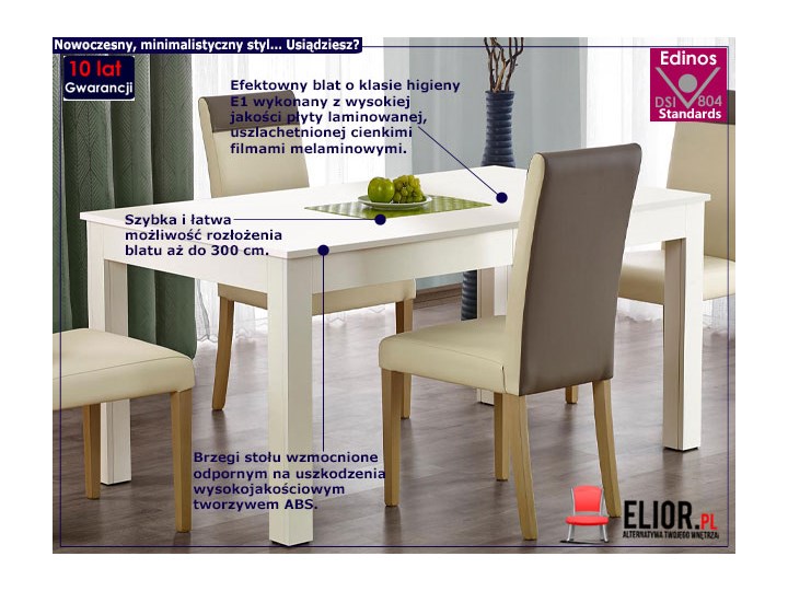 Minimalistyczny rozkładany stół Daniels - biały Tworzywo sztuczne Wysokość 76 cm Drewno Płyta MDF Płyta laminowana Kształt blatu Prostokątny