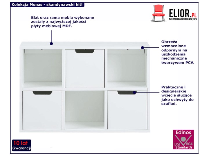 Biała półka wisząca z szufladami - Monas 5X Melamina Drewno Pomieszczenie półki do salonu Płyta laminowana Płyta meblowa Płyta MDF Tworzywo sztuczne Kolor Biały