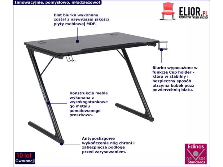 Czarne biurko z metalowymi nogami - Sonix Biurko gamingowe Płyta MDF Szkło Stal Szerokość 100 cm Głębokość 60 cm Płyta meblowa Styl Nowoczesny