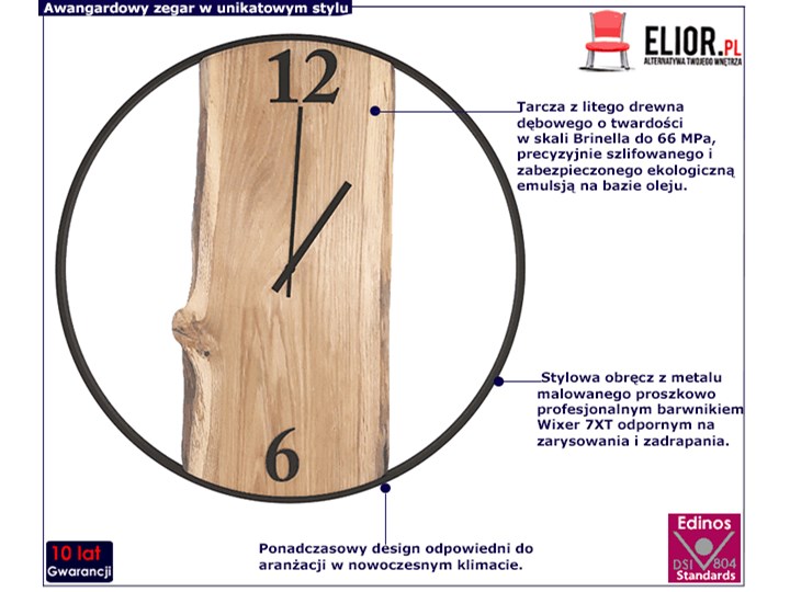 Loftowy zegar ścienny - Erem Metal Pomieszczenie Salon Szerokość 60 cm Okrągły Drewno Styl Tradycyjny