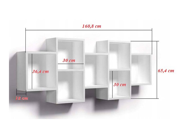 Biała wisząca półka w stylu skandynawskim - Timona Szerokość 161 cm Płyta MDF Głębokość 18 cm Wysokość 66 cm Kolor Biały Na książki Na zdjęcia Pomieszczenie do garderoby