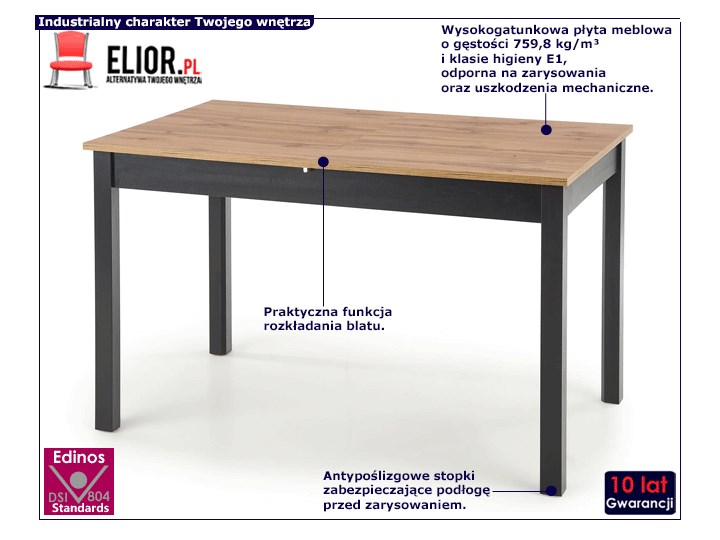Rozkładany prostokątny stół w stylu loftowym - Rester Wysokość 75 cm Drewno Stal Płyta MDF Pomieszczenie Stoły do salonu
