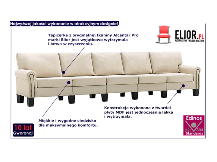 5-osobowa kremowa sofa dekoracyjna - Alaia 5X Głębokość 70 cm Stała konstrukcja Szerokość 310 cm Boki Z bokami
