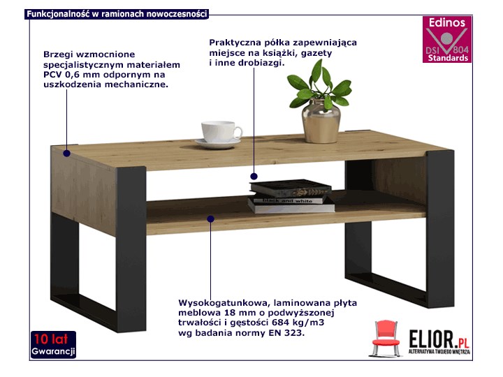 Nowoczesna ława kawowa Lazira - dąb artisan+czarny Wysokość 50 cm Funkcje Z półkami Płyta meblowa Długość 100 cm Szerokość 53,6 cm Kategoria Stoliki i ławy