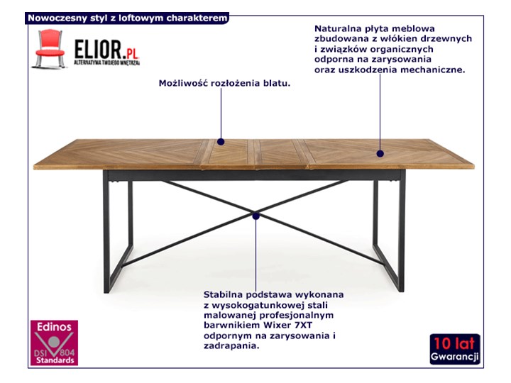 Duży prostokatny rozkładany stół - Hermes Płyta MDF Stal Styl Industrialny Drewno Wysokość 77 cm Pomieszczenie Stoły do salonu