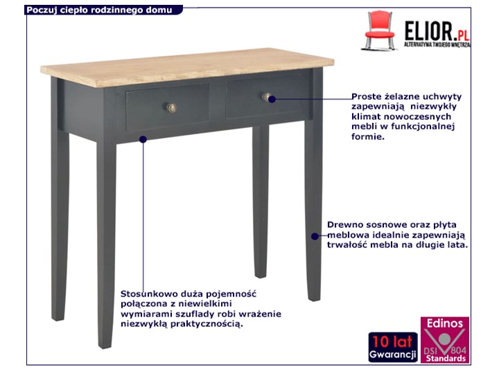 Czarna konsola drewniana - Adenia Wysokość 74 cm Sosna Szerokość 79 cm Drewno Płyta MDF Z szufladą Styl Nowoczesny