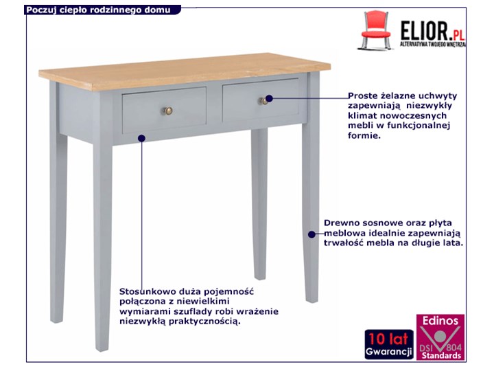 Szary stolik konsolowy - Adenia Pomieszczenie Salon Szerokość 79 cm Drewno Sosna Z szufladą Płyta MDF Wysokość 74 cm Styl Tradycyjny