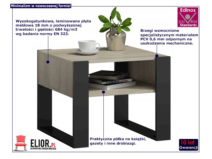 Nowoczesny stolik do salonu Neros - dąb sonoma+czarny Kształt blatu Prostokątne Szerokość 60 cm Wysokość 50 cm Długość 63,6 cm Ława Płyta meblowa Funkcje Z półkami