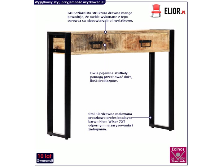 Konsola z drewna mango - Barver Wysokość 75 cm Z szufladą Drewno Szerokość 90 cm Stal nierdzewna Styl Industrialny