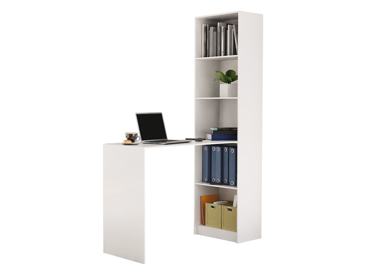 Białe biurko z regałem do biura - Martinez Kolor Biały Szerokość 125 cm Płyta MDF Drewno Metal Styl Nowoczesny