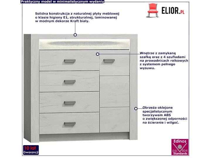 Komoda do salonu kraft biały - Dagna 17X Z szafkami i szufladami Płyta laminowana Głębokość 42 cm Szerokość 109 cm Wysokość 104 cm Płyta meblowa Styl Nowoczesny