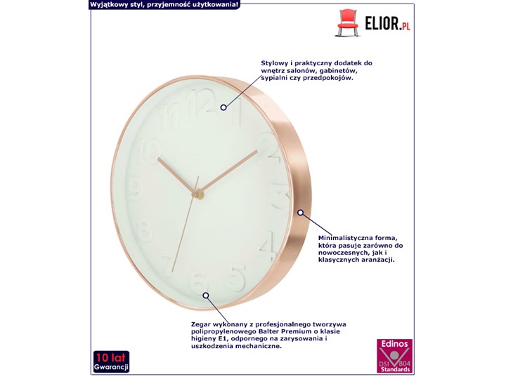 Biało złoty zegar ścienny - Tereo Metal Tworzywo sztuczne Plastik Kategoria Zegary Okrągły Szerokość 31 cm Styl Tradycyjny