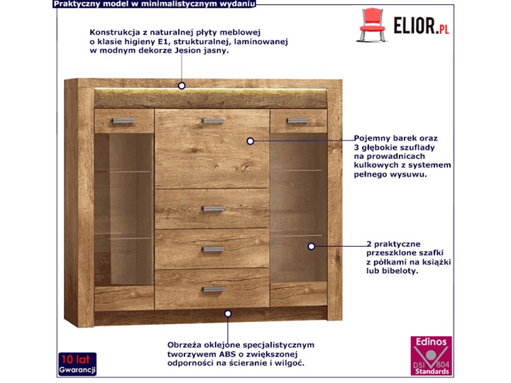 Komoda z barkiem i witryną jesion jasny - Dagna 9X Płyta laminowana Głębokość 44 cm Pomieszczenie Sypialnia Z szafkami i szufladami Z witrynami Szerokość 137 cm Wysokość 122 cm Styl Minimalistyczny