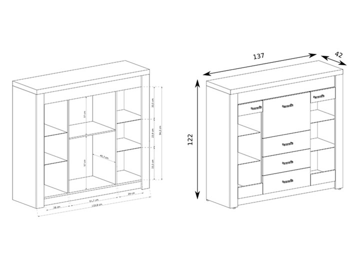 Komoda z barkiem i witryną jesion jasny - Dagna 9X Płyta laminowana Styl Minimalistyczny Szerokość 137 cm Z szafkami i szufladami Głębokość 44 cm Z witrynami Wysokość 122 cm Styl Nowoczesny