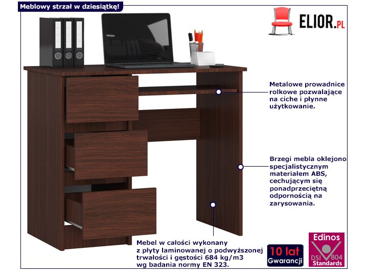Biurko z szufladami do gabinetu wenge - Miren 3X Płyta meblowa Drewno Biurko tradycyjne Metal Szerokość 90 cm Styl Nowoczesny