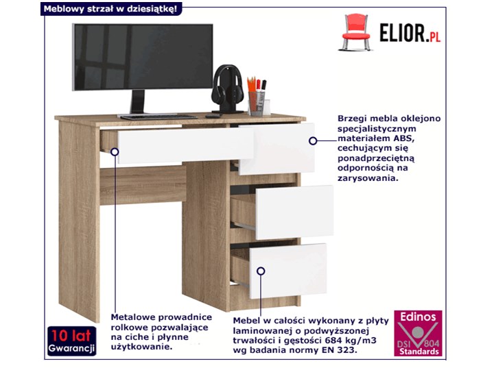 Biurko dąb sonoma - biały - Nersta 5X Drewno Metal Płyta meblowa Szerokość 90 cm Styl Skandynawski