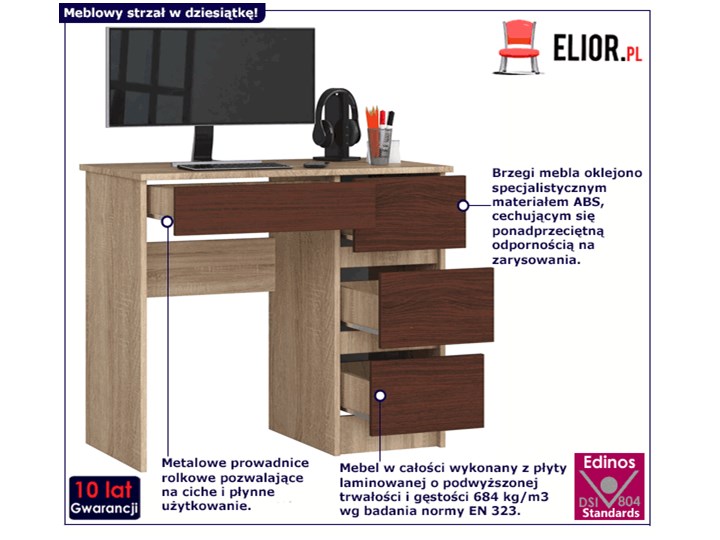 Biurko dąb sonoma - wenge z szufladami - Nersta 5X Metal Szerokość 90 cm Drewno Płyta meblowa Styl Nowoczesny