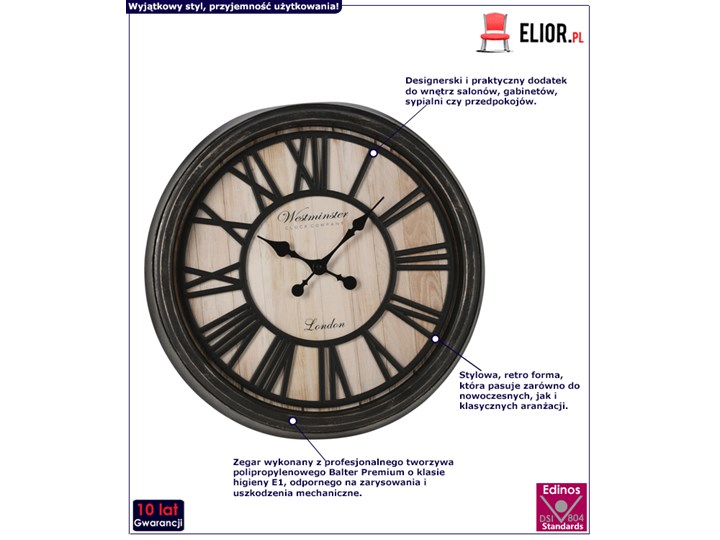 Czarny zegar ścienny - Kamo Plastik Tworzywo sztuczne Okrągły Drewno Metal Szerokość 51 cm Kategoria Zegary Styl Tradycyjny