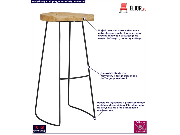 Loftowy hoker drewniany - Vuliu Głębokość 32 cm Drewno Szerokość 40 cm Metal Wysokość 81 cm Pomieszczenie Kuchnia Styl Nowoczesny