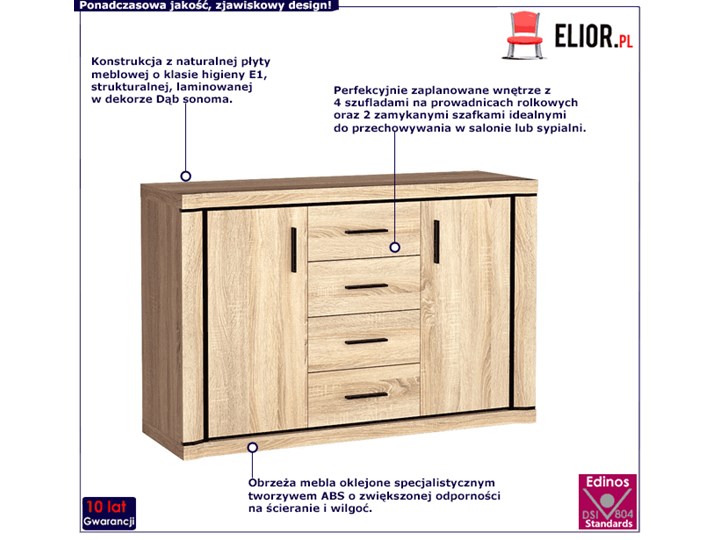 Komoda w dekorze dąb sonoma - Verna 7X Wysokość 91 cm Płyta MDF Szerokość 137 cm Głębokość 44 cm Z szufladami Styl Skandynawski