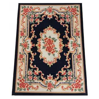 Granatowy prostokątny dywan w kwiaty - Mardes