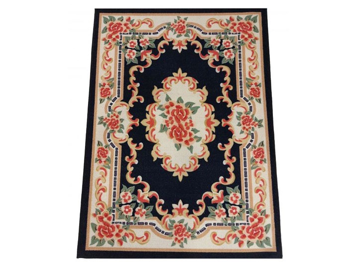 Granatowy prostokątny dywan w kwiaty - Mardes