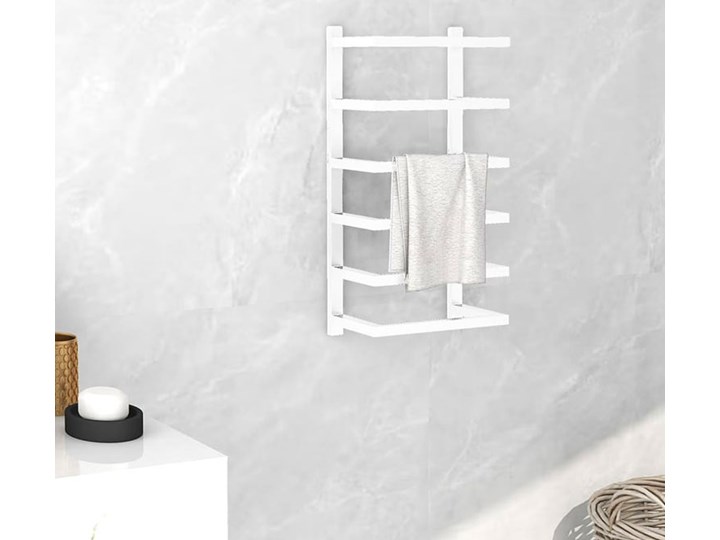 Biały wieszak na ręczniki typu drabinka - Metari 3X Metal Ścienny Wieszaki na ręczniki Wolnostojący Stal Drewno Kategoria Wieszaki i uchwyty łazienkowe