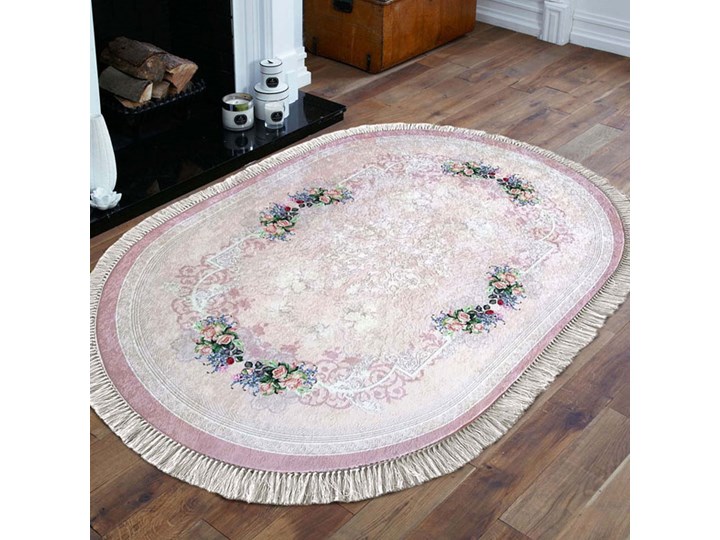 Różowy owalny dywan w kwiaty - Kortado Okrągły Dywany Syntetyk Wzór Roślinny 60x100 cm Pomieszczenie Sypialnia