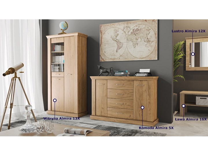 Komoda w dekorze kraft złoty - Almira 5X Głębokość 42 cm Wysokość 96 cm Z szufladami Styl Prowansalski Szerokość 142 cm Szerokość 60 cm Z witrynami Płyta MDF Pomieszczenie Salon
