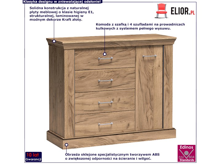 Komoda w kolorze kraft złoty - Almira 6X Z szufladami Z witrynami Płyta MDF Szerokość 114 cm Wysokość 96 cm Głębokość 42 cm Styl Prowansalski Szerokość 60 cm Pomieszczenie Pokój nastolatka