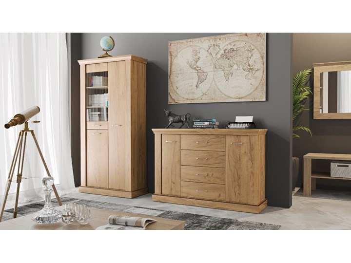 Komoda w kolorze kraft złoty - Almira 6X Wysokość 96 cm Płyta MDF Szerokość 114 cm Z witrynami Głębokość 42 cm Z szufladami Szerokość 60 cm Pomieszczenie Sypialnia