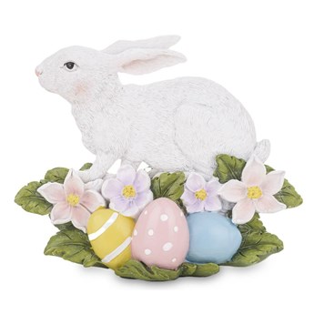 KRÓLIK WŚRÓD KWIATÓW I PISANEK figurka wielkanocna płaska / wąska dekoracja, wys. 16 cm