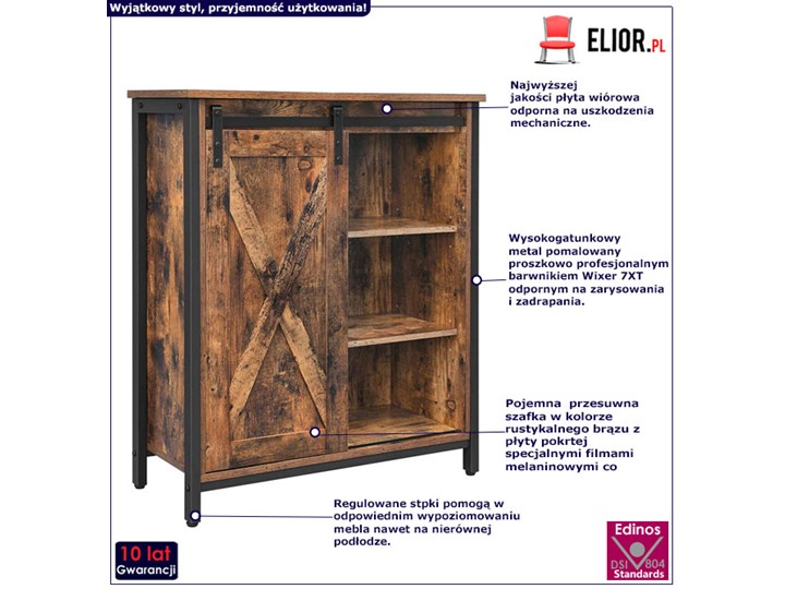 Komoda z przesuwnymi drzwiami do loftu - Hande Drewno Płyta MDF Szerokość 70 cm Wysokość 80 cm Głębokość 30 cm Styl Rustykalny