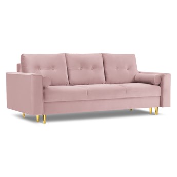 Sofa aksamitna z funkcją spania LEONA różowy ze złotą podstawą