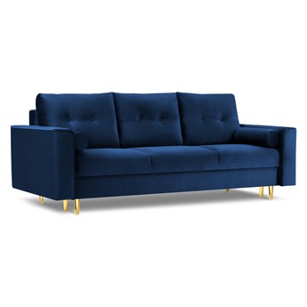 Sofa aksamitna z funkcją spania LEONA niebieski ze złotą podstawą