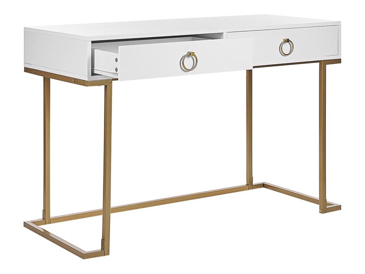 Beliani Konsola biała matowa 2 szuflady 77 x 115 cm złota metalowa podstawa elegancka toaletka biurko w stylu glamour Płyta MDF Z szufladą Stal nierdzewna Kolor Złoty