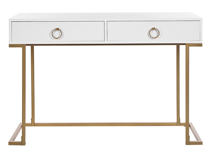 Beliani Konsola biała matowa 2 szuflady 77 x 115 cm złota metalowa podstawa elegancka toaletka biurko w stylu glamour Stal nierdzewna Z szufladą Płyta MDF Pomieszczenie Sypialnia