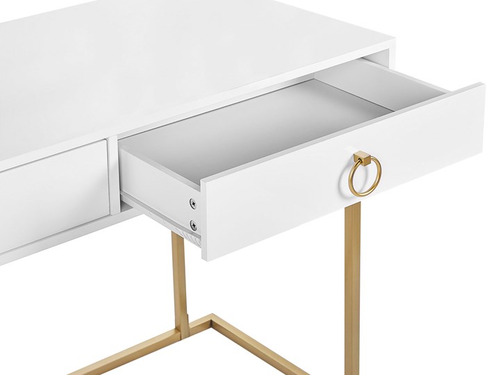 Beliani Konsola biała matowa 2 szuflady 77 x 115 cm złota metalowa podstawa elegancka toaletka biurko w stylu glamour Stal nierdzewna Płyta MDF Kategoria Konsole Z szufladą Styl Nowoczesny