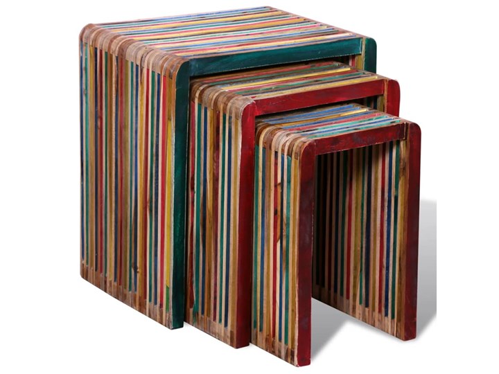 3 kolorowe stoliki z drewna tekowego – Liesse Drewno Zestaw stolików Wysokość 40 cm Wysokość 45 cm Szkło Wysokość 50 cm Kształt blatu Kwadratowe Styl Vintage