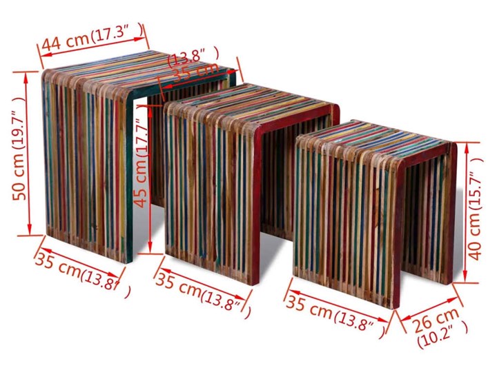 3 kolorowe stoliki z drewna tekowego – Liesse Styl Rustykalny Wysokość 45 cm Drewno Wysokość 40 cm Szkło Wysokość 50 cm Zestaw stolików Kształt blatu Kwadratowe